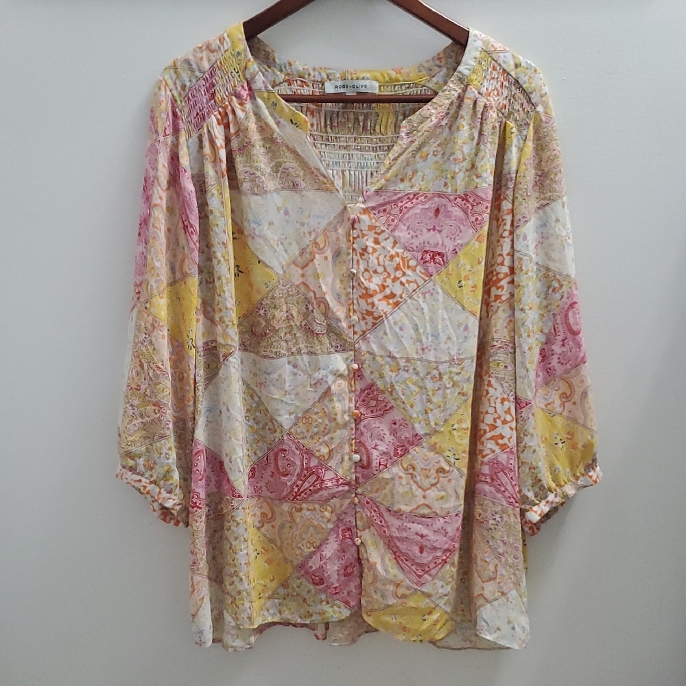 Rose + Olive Patchwork Boho Popover Top Size 2x - image 1